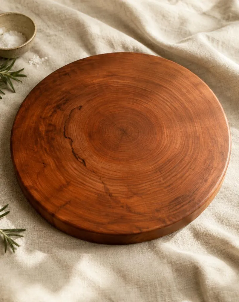 Round cherry chopping board showing tree rings