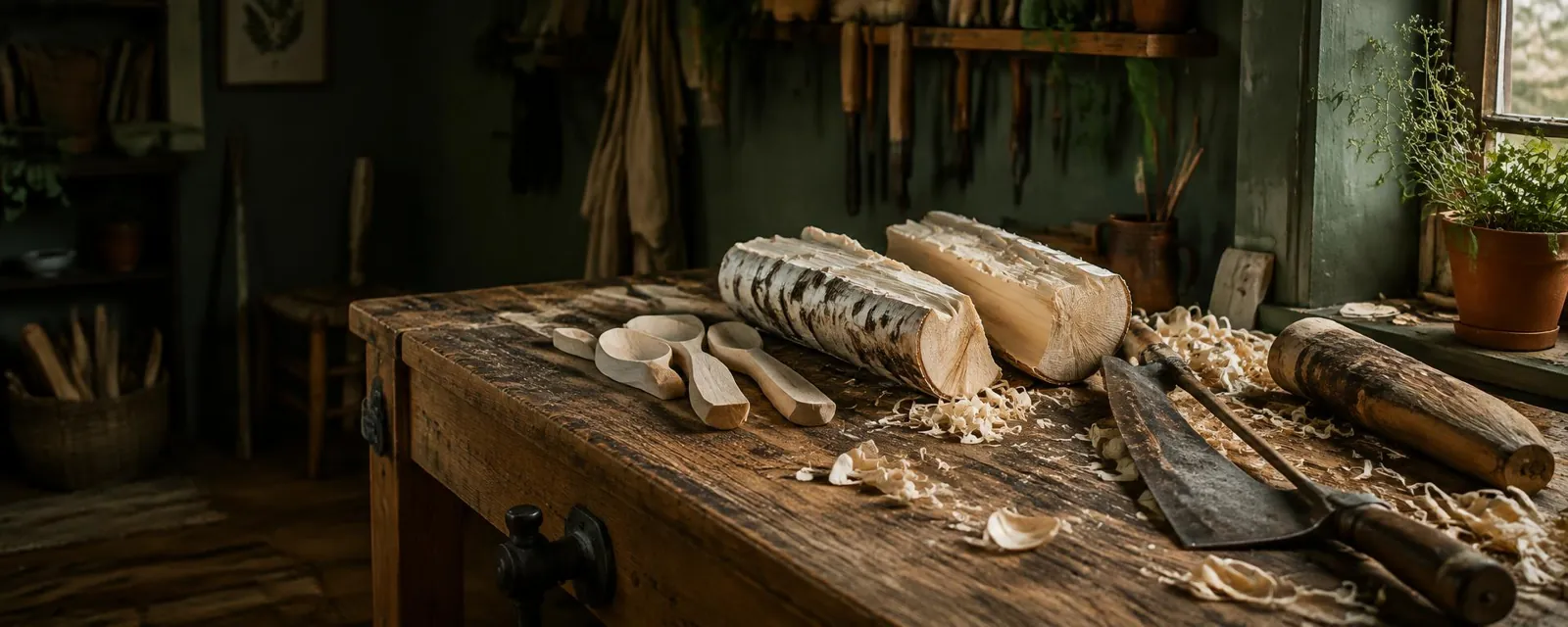 Split birch logs and spoon blanks on a workbench beside a froe and club
