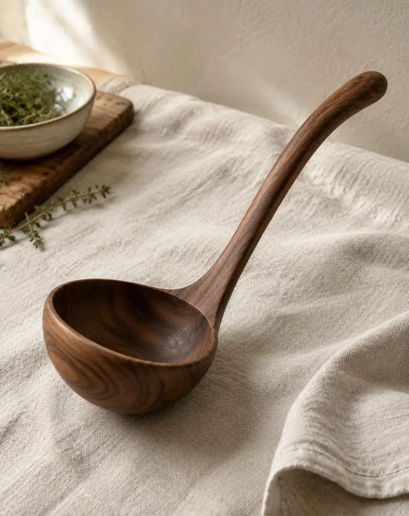 Deep-bowled walnut ladle with a long curved handle