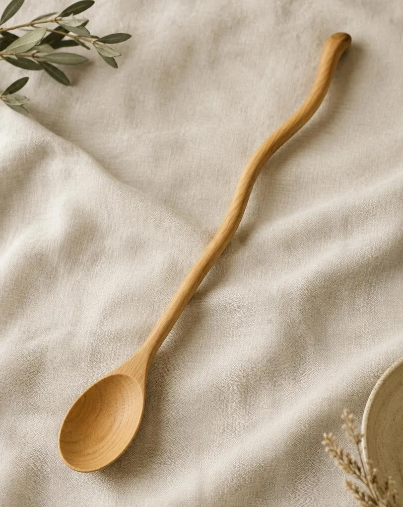 Long oak stirring spoon with an S-curve handle