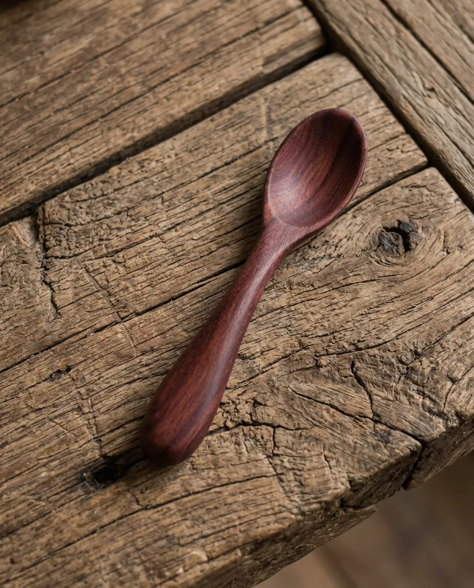 Small reddish plum wood pocket spoon